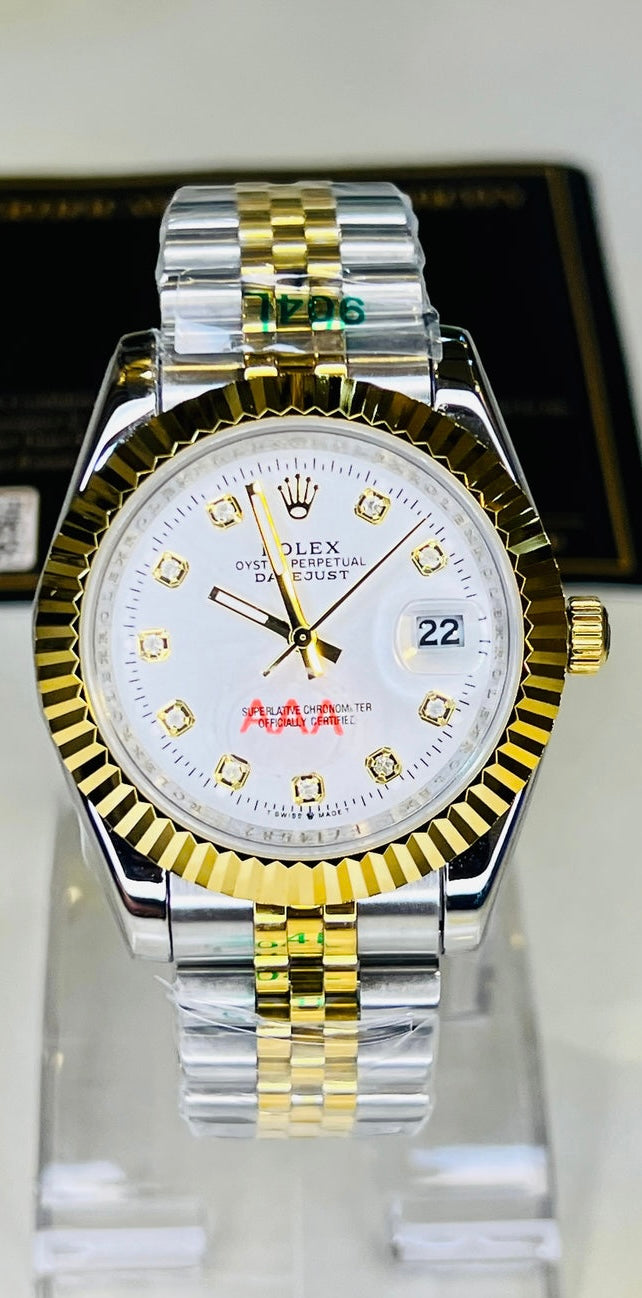Jubilee Date Just Two Tone Fluted Bezel White Dial Quartz Watch