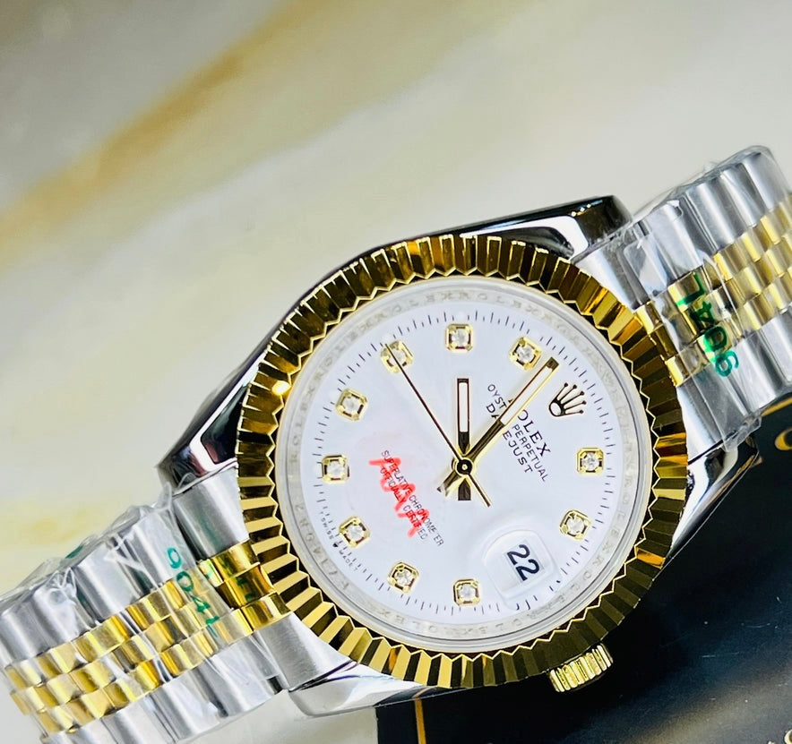 Jubilee Date Just Two Tone Fluted Bezel White Dial Quartz Watch