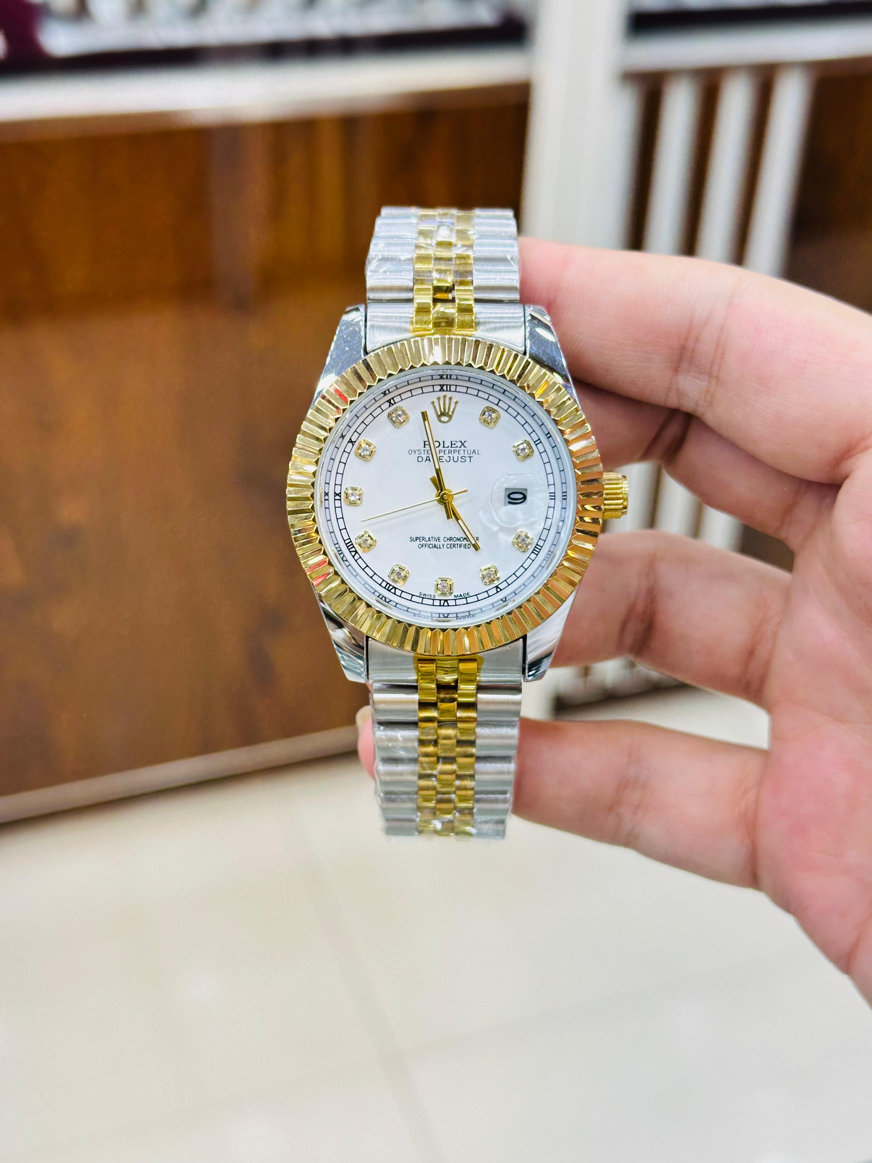 Jubilee Date Just Two Tone Fluted Bezel White Dial Quartz Watch